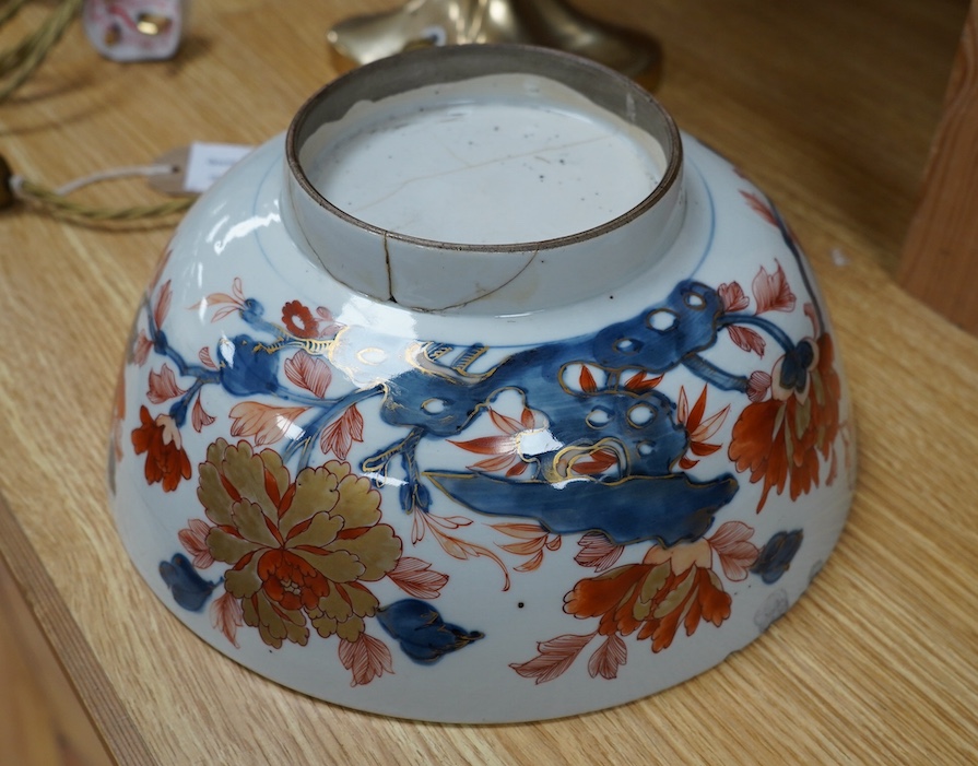 Three late 18th century Chinese porcelain bowls, (all damaged), noticed 28.5cm diameter. Condition - poor.